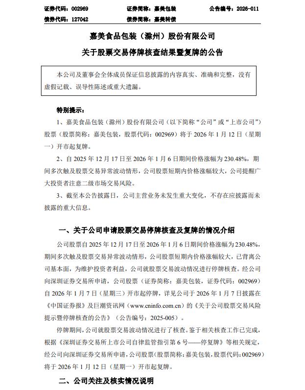 嘉美包装:停牌核查已完成 公司股票将于1月12日复牌(2) 嘉美包装:停牌核查已完成 公司股票将于1月12日复牌(2)